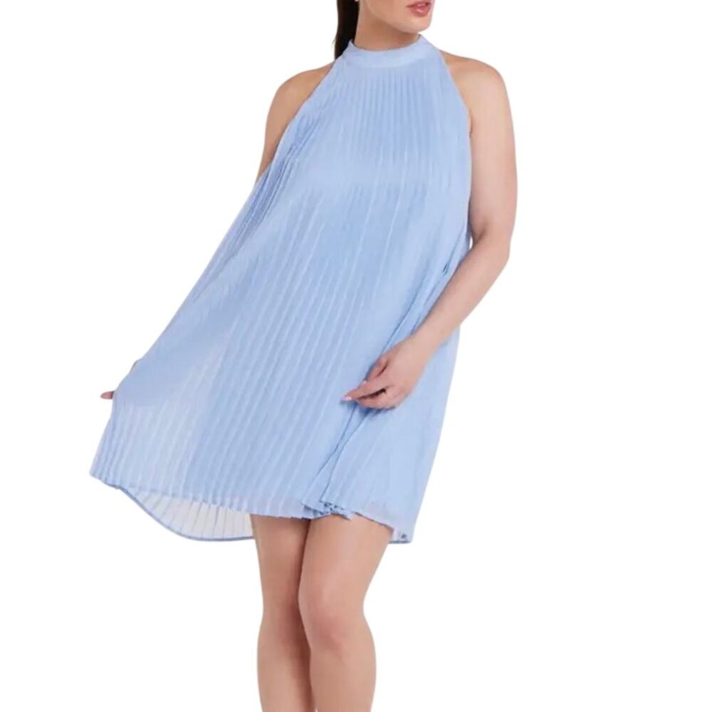Hermoza NWT Corinne Halter Pleated Chiffon Mini Swing Dress in Blue Moon Size XS